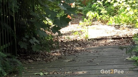 Natural blonde Lickylex squats on a wooden bridge to take a pee | Фото 1