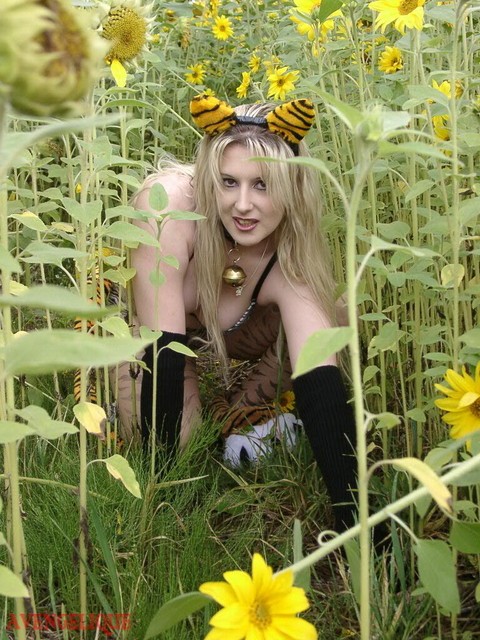 Blonde girl Avengelique models in her pretties and arm socks amid sunflowers | Фото 5