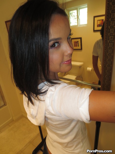 Brunette girlfriend Dillion Harper is doing self shots while undressing