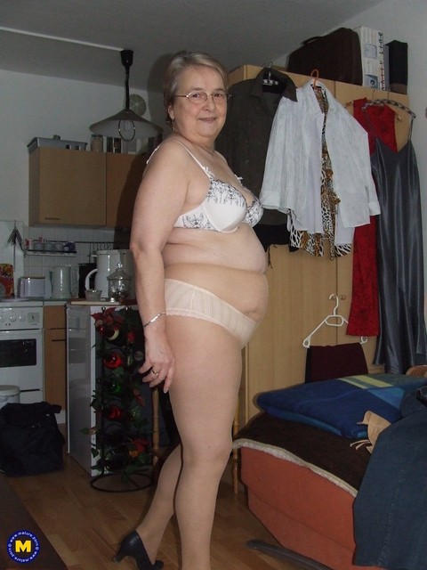 Fat European granny Sybille stripping off her clothes and skin tone tights | Фото 3