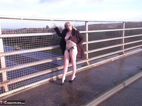 Older amateur Barby Slut flashes on a sidewalk upon an overpass | Фото 2