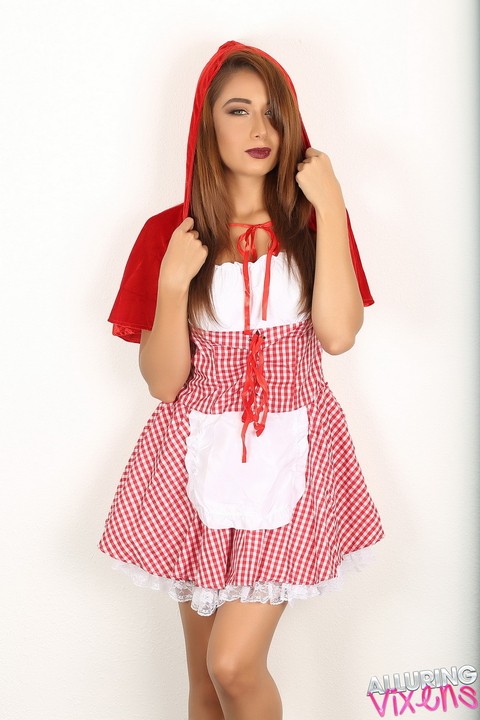 Cute girl Lilly flashes a no panty upskirt in Little Red Riding Hood outfit | Фото 2