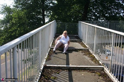 Fat blonde Lexie Cummings exposes herself while crossing a pedestrian overpass | Фото 15