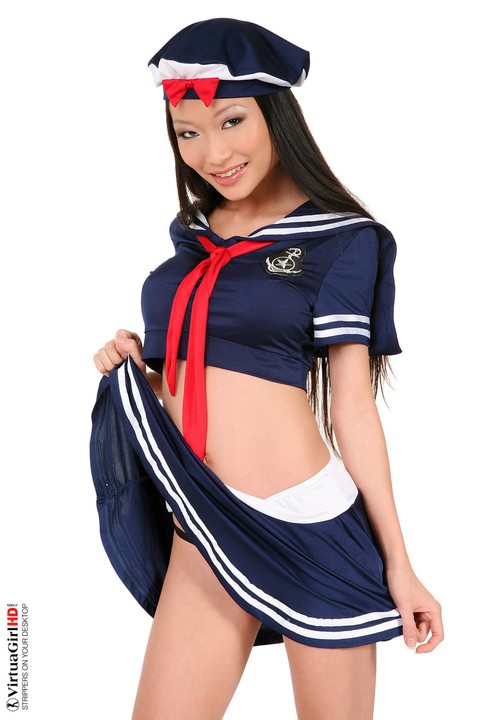 Adorable Asian model Pussykat looses her assets from a cute sailor outfit | Фото 3