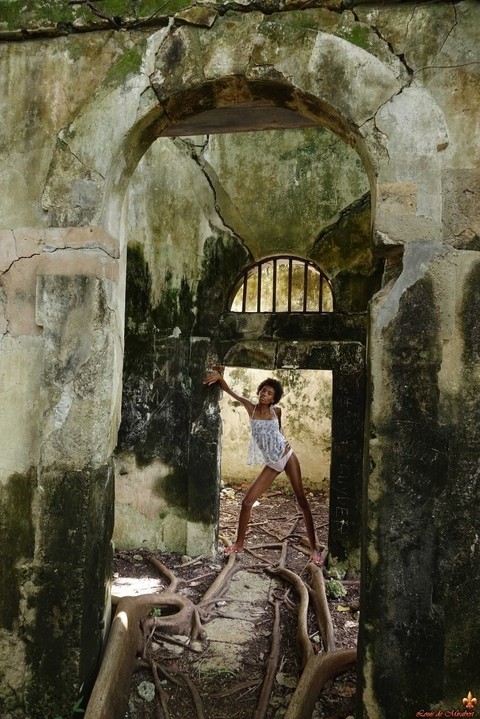 Long legged ebony girl Jess exposes her tits and bush in an abandoned building | Фото 8