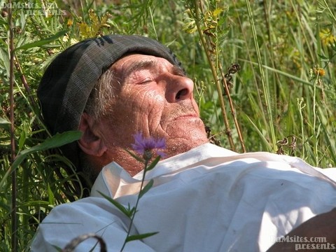 Horny redhead lady finds an old hobo to fuck her horny pussy in a field | Фото 11