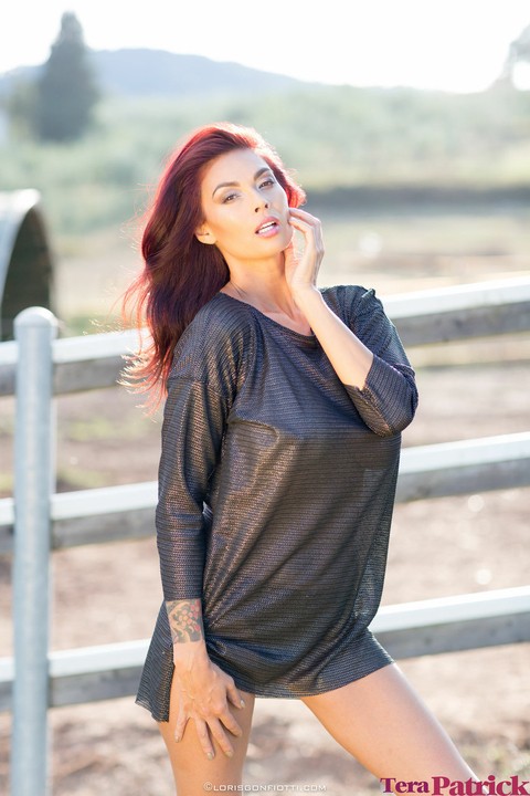 Asian beauty Tera Patrick flashes her black panties by a fence on a farm | Фото 5