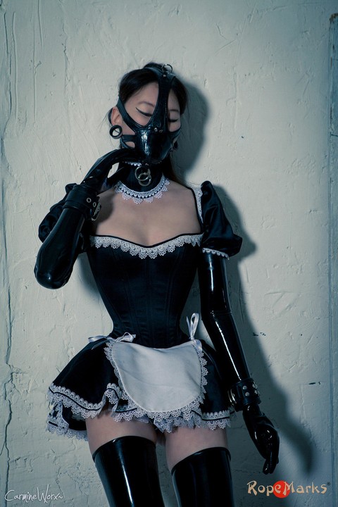 Korean model poses for a solo shoot in a naughty rubber maid outfit | Фото 14