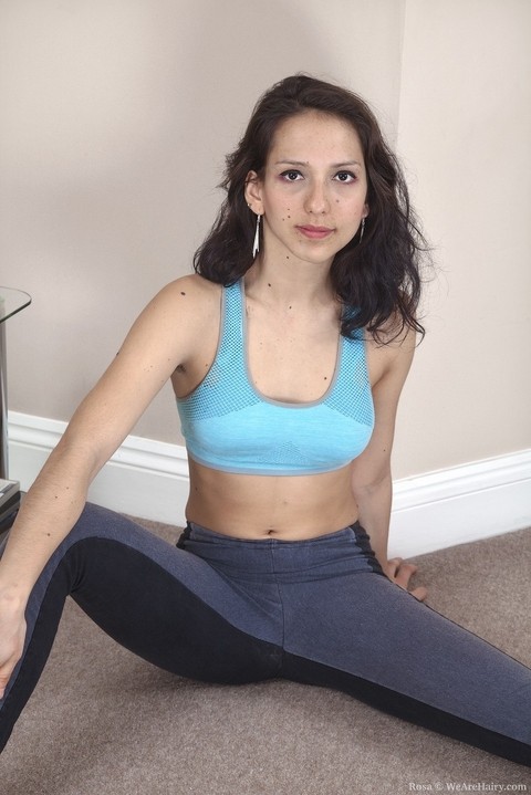 First timer Rosa doffs yoga wear before freeing her bush from see thru panties