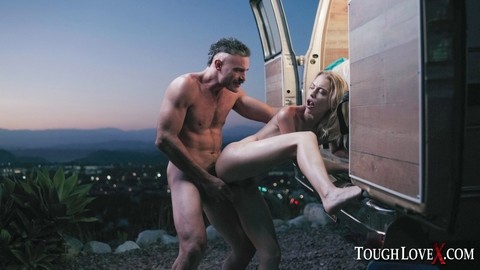 Skinny blonde shows her cum filled mouth after sex outside a camper at night | Фото 13