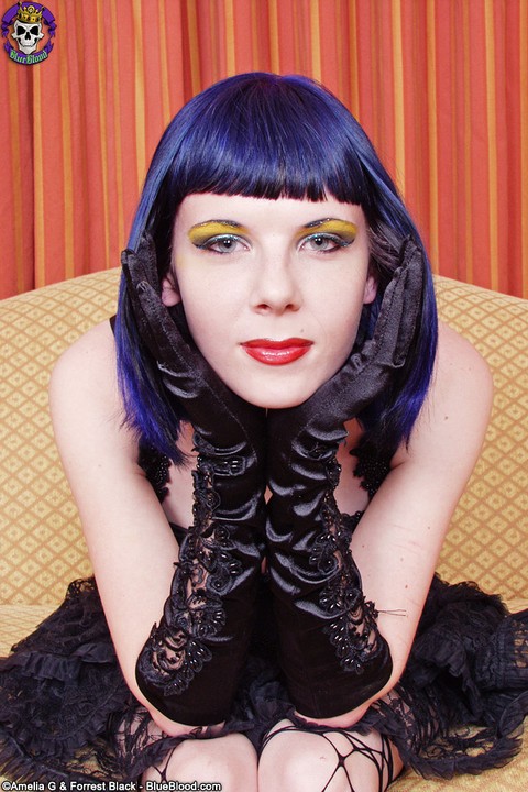 Flexible Goth girl Szandora cups her large boobs wearing long black gloves | Фото 8