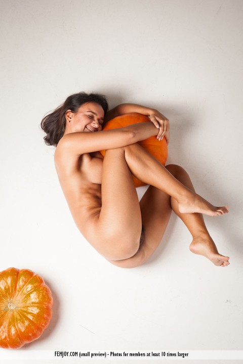 Naked brunette Sanita spreading naked with her pumpkins to show hairy beaver | Фото 4