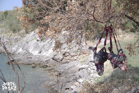 Tattooed girl Anuskatzz is suspended by rope from a tree next to the ocean | Фото 5