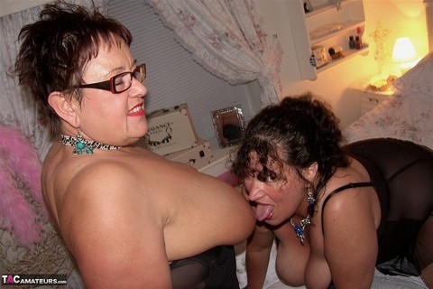 Fat older women play with each other's huge tits before sporting cum on faces