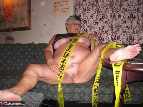 Obese granny Grandma Libby wraps her mostly naked body in crime scene tape | Фото 11