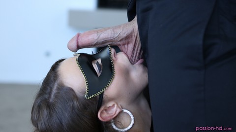 Brunette female Lily Love adorns a mask before giving a ball sucking blowjob | Фото 10