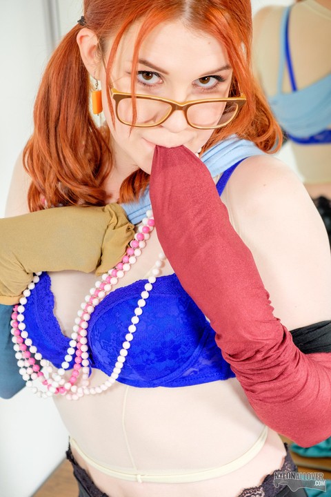 Pale redhead Kaira adorns herself in nylons while wearing glasses | Фото 10