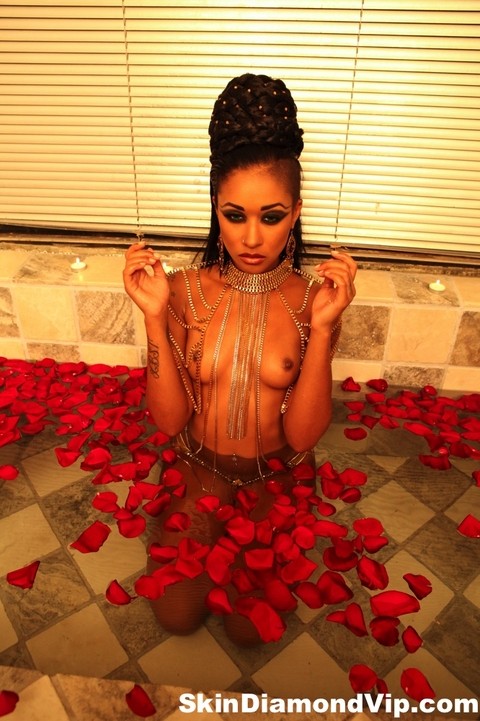 Black MILF Skin Diamond poses naked in bathtub full of red petals | Фото 1