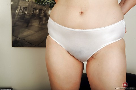 Chubby blond Prudence Pond posing in white panties with visible pubic hairs | Фото 4