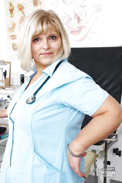 Older obese nurse freeing hairy cooter from uniform for toying session