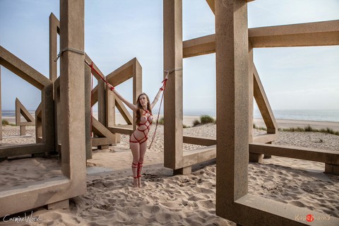 White girl Carmine Worx is tied with ropes to construction beams on a beach | Фото 5