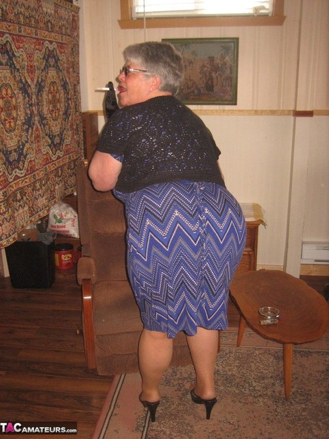 Fat granny Girdle Goddess gets naked in shades, gloves and pantyhose