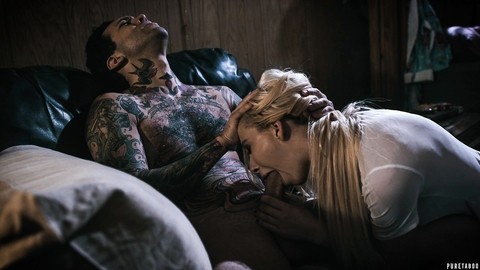 Tattooed brunette has sex with her guy after he's done fucking a blonde