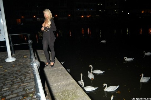 Blonde female from the UK flashes her tits on the street at night | Фото 16