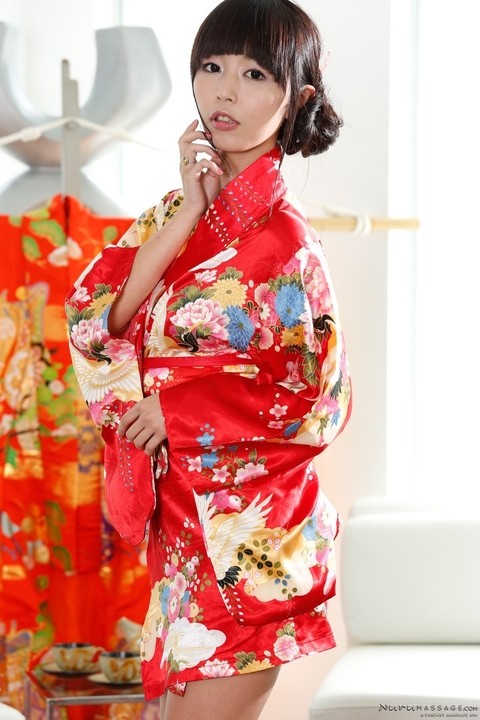 Japanese brunette woman Marica Hase takes off her kimono and shows off