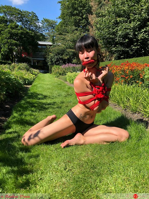 Asian girl Flawless Meow is tied up with rope on a lawn while gagged | Фото 4