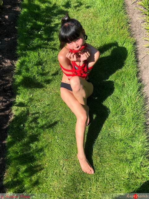 Asian girl Flawless Meow is tied up with rope on a lawn while gagged | Фото 5