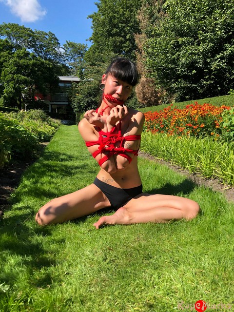 Asian girl Flawless Meow is tied up with rope on a lawn while gagged | Фото 9