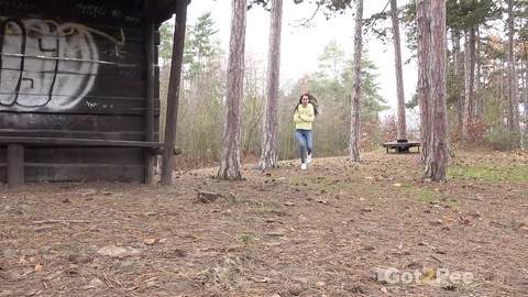 Tiny brunette Mistika squats for a piss next to a warming station in the woods | Фото 1