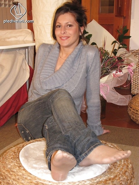 Big tit foot fetish model Elena has her pantyhose on