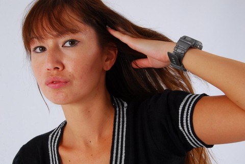 Asian redhead Evita models a grey G-Shock watch while fully clothed | Фото 5