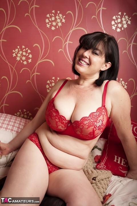 Big fatty Juicey Janey doffs red lingerie to fondle her own enormous tits