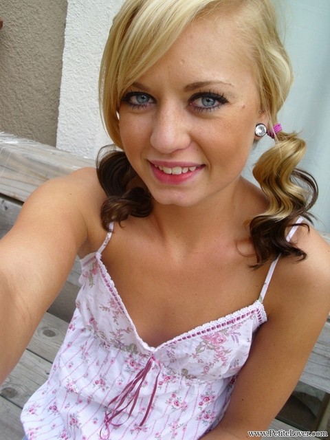 Cute blonde Tiff in pigtails showing off her wee small tits & tiny bald pussy | Фото 1