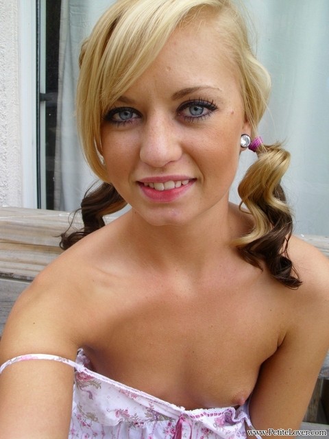 Cute blonde Tiff in pigtails showing off her wee small tits & tiny bald pussy | Фото 11