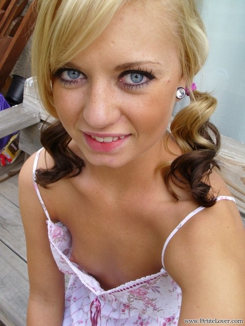 Cute blonde Tiff in pigtails showing off her wee small tits & tiny bald pussy | Фото 8