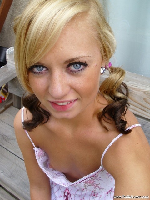 Cute blonde Tiff in pigtails showing off her wee small tits & tiny bald pussy | Фото 9