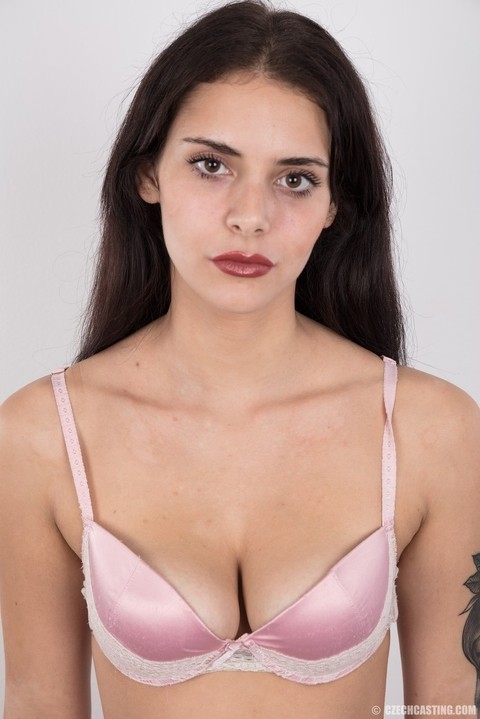 Dark haired Sarlot sheds her pink satin bra to display her huge nipples | Фото 8