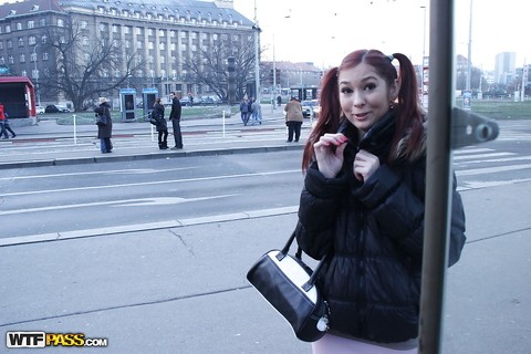 Playful redhead babe flashing her shapely titties in a public place | Фото 2