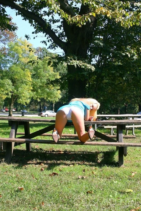 Blonde amateur Yelena exposes her underwear while on a picnic table at a park | Фото 8