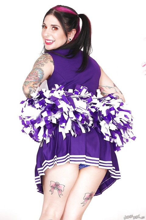 Amateur upskirt posing with a hot babe Joanna Angel in her cheerleader suit