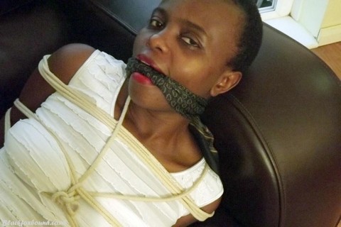 Black female is left tied and cleave gagged in a white dress on a leather sofa | Фото 11