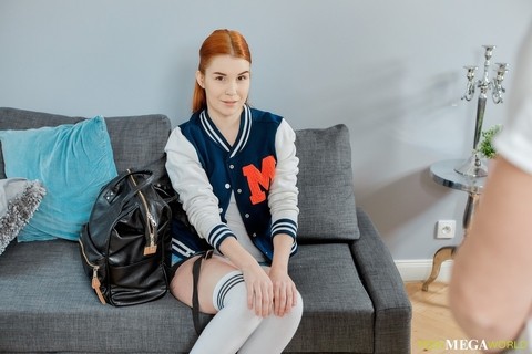 Young redhead Sweet Angelina wears OTK socks during anal and oral sex | Фото 1