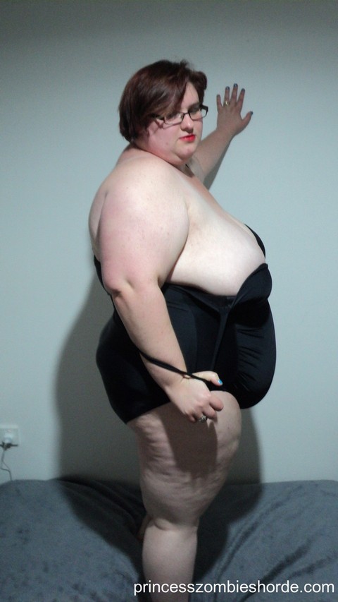 BBW amateur LaLa Delilah in black lingerie showing off her large saggy breasts