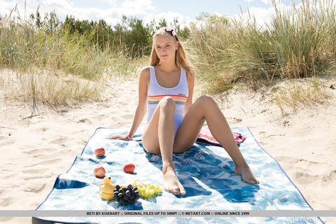 Young blonde Beti reveals her tan lined body on a beach blanket | Фото 1